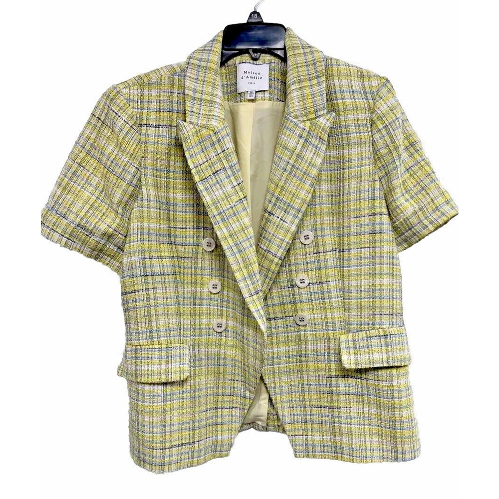 Maison d'Amelie Paris Tweed Short Sleeve Blazer Jacket Yellow Multi L A000029